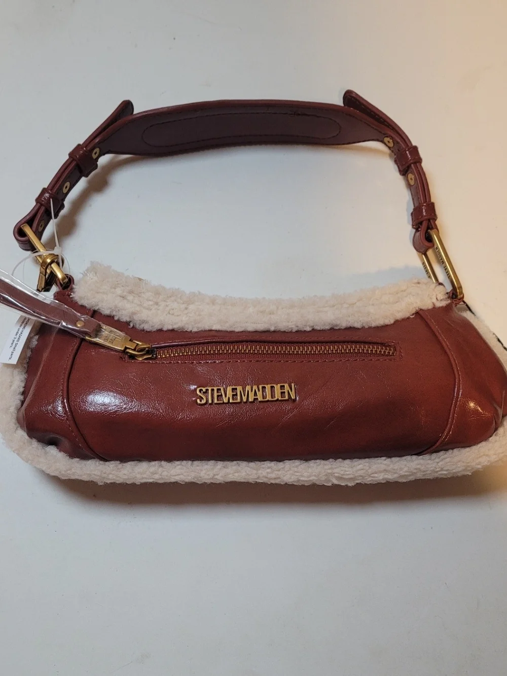 Steve Madden Chestnut Brown Leather Shoulder Bag with Cream Shearling Trim